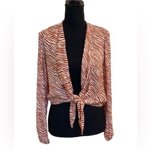 Joie Brown Burnt Orange Cream Zebra Print Satin Open Front Tie